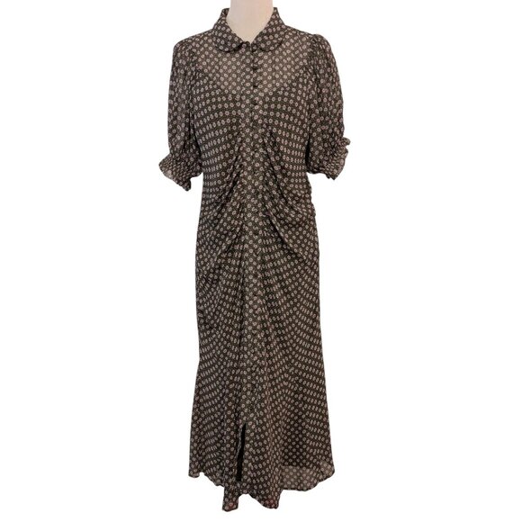 Anthropologie Womens Size 2 Moss Green Pink Floral Mesh Ruched Puff Sleeve Dress - Picture 2 of 12